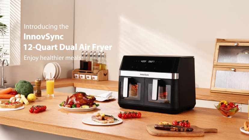 12QT Large Dual Air Fryer, 10-in-1 Double Zone Airfryer with 2×6QT Baskets, 60° Easy-Panel with Full Touchscreen, SyncCook Function, Viewing Window, Nonstick & Dishwasher Safe, 2 Dishes at Once, Black