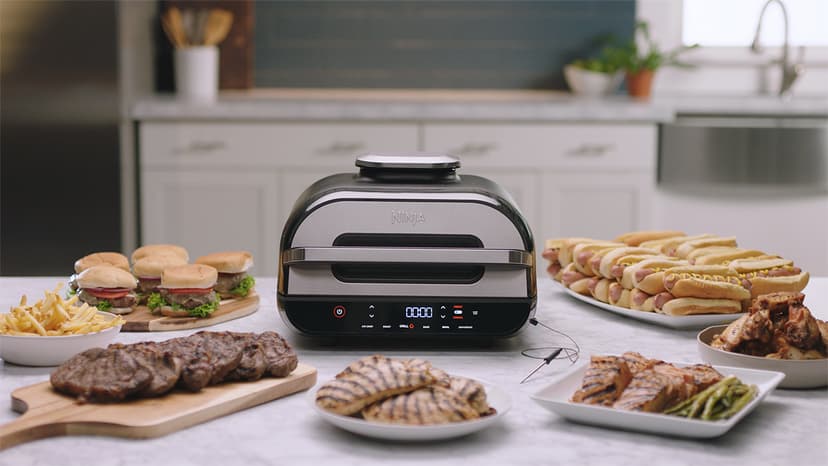 Ninja Indoor Grill, Foodi Smart XL 6-in-1 Indoor Grill with Air Fry, Roast, Bake, Broil & Dehydrate, Smart Thermometer, Black/Silver, FG551