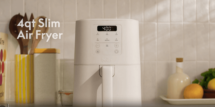 bella 4Qt Slim Air Fryer, Fits-anywhere™ Kitchenware, EverGood™ Ceramic Nonstick Coating, Adjustable Temperature, 6 Preset Cooking Options, 60 Min Auto Shutoff w Audible Tone, 3.3lb Capacity, Oatmilk