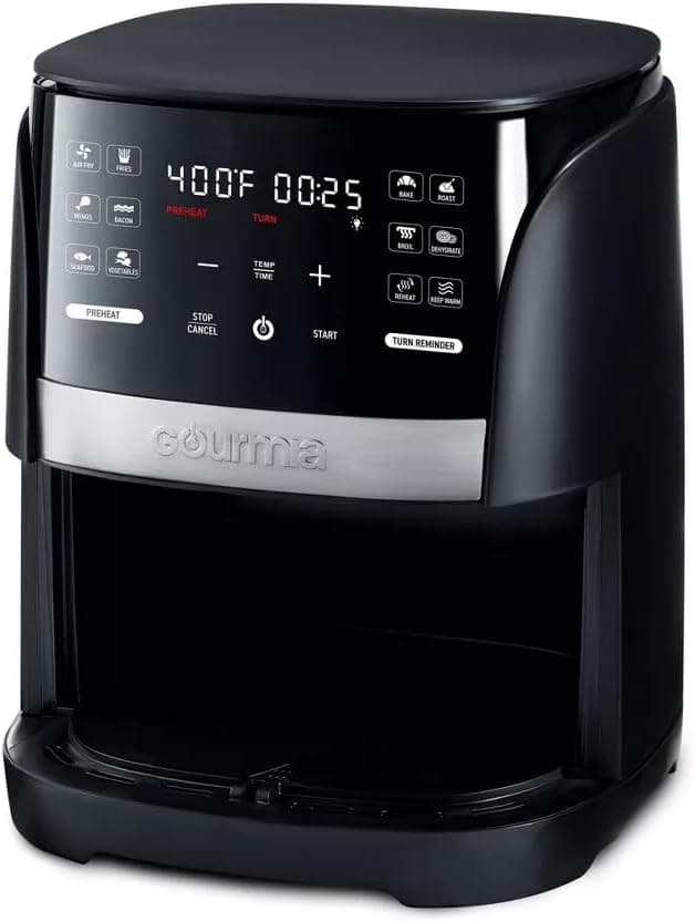 Gourmias 6-Qt Digital Window Air Fryer, 12 Presets, Guided Cooking, Touch Control, Stainless Steel, Nonstick Basket, Oil-Free Frying, 1500W, Auto Shutoff, Dehydrator Function, Family Size,