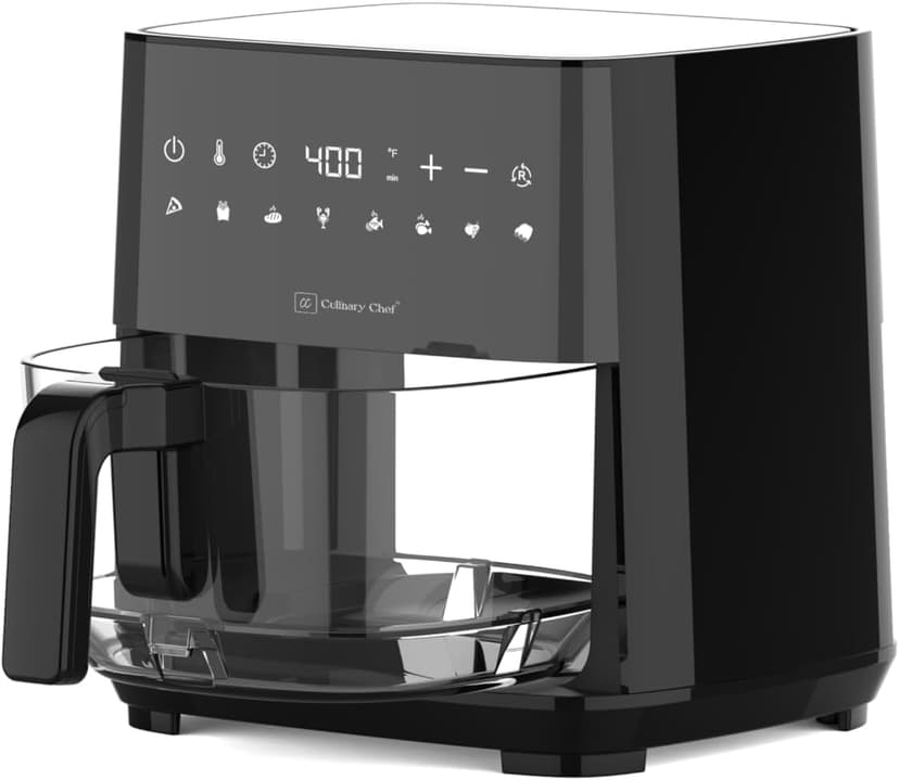 4.5-Quart Electric Air Fryer with Glass Basket, Adjustable Temperature, Touch Panel Control, One-Touch Cook Functions, and 360° Rapid Cooking, 1350 Watt Power