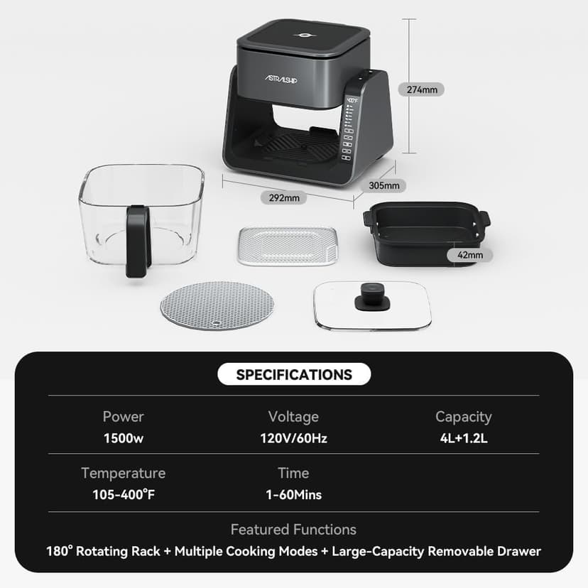 4.2 QT+1.3 QT Small Air Fryer non toxic, 2-in-1 Glass Air Fryer & Grill Pan Combo for kitchen, 7 Presets, 105-450℉, Portable Healthy Cooking, Non-Stick, Multi-Function for Frying, Griddle & Baking
