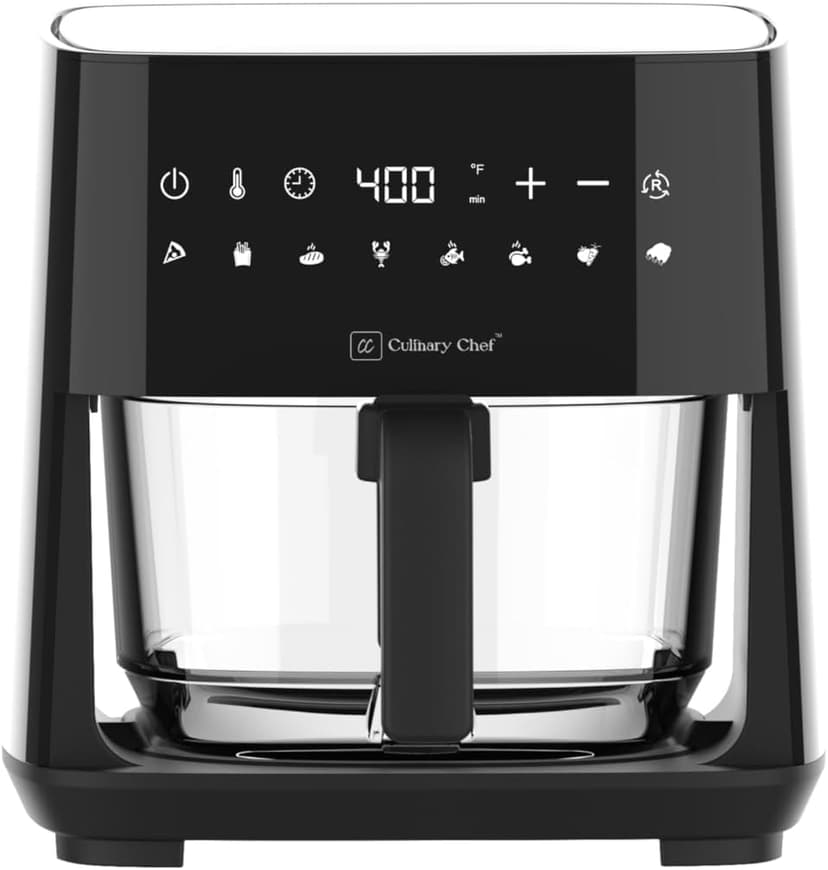 4.5-Quart Electric Air Fryer with Glass Basket, Adjustable Temperature, Touch Panel Control, One-Touch Cook Functions, and 360° Rapid Cooking, 1350 Watt Power