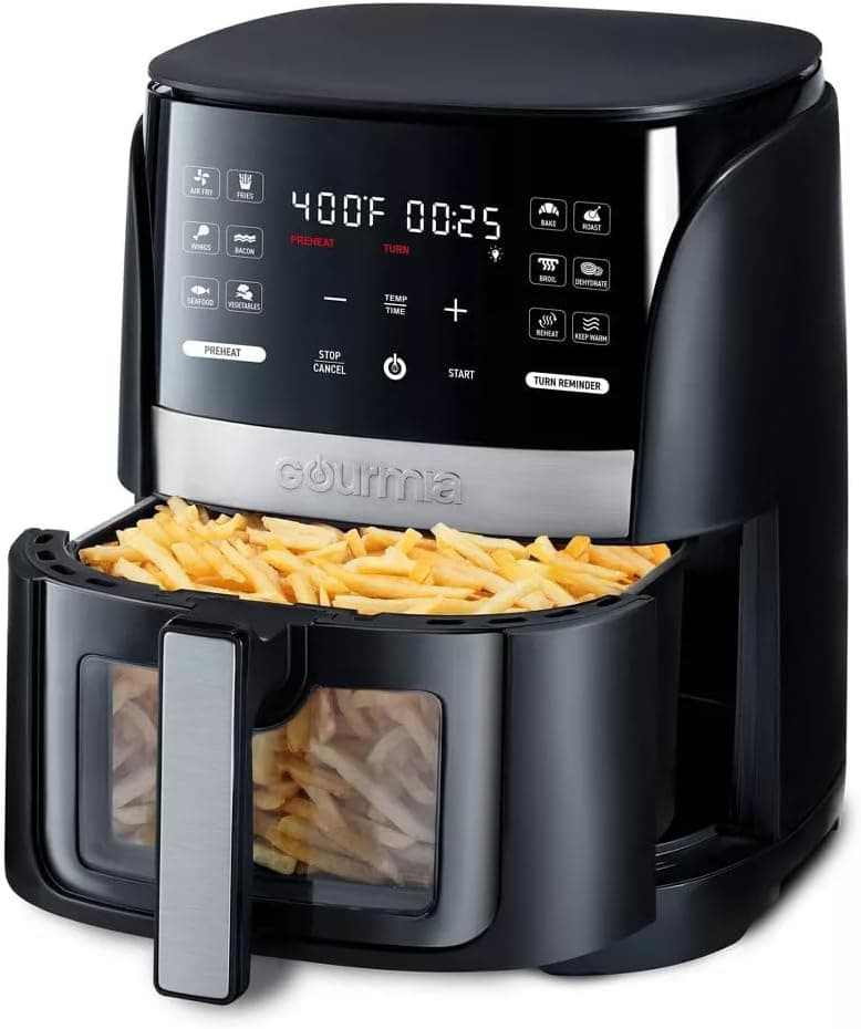 Gourmias 6-Qt Digital Window Air Fryer, 12 Presets, Guided Cooking, Touch Control, Stainless Steel, Nonstick Basket, Oil-Free Frying, 1500W, Auto Shutoff, Dehydrator Function, Family Size,