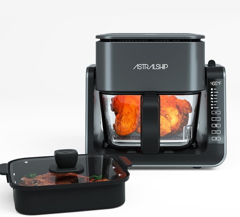 4.2 QT+1.3 QT Small Air Fryer non toxic, 2-in-1 Glass Air Fryer & Grill Pan Combo for kitchen, 7 Presets, 105-450℉, Portable Healthy Cooking, Non-Stick, Multi-Function for Frying, Griddle & Baking