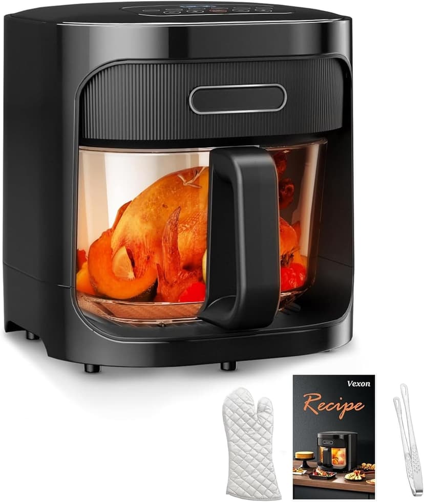 4.5QT Glass Air Fryer,1200W Multiple Air Fryer with Viewing Glass Pot,Nonstick & Dishwasher Safe Basket,Non-Toxic,Features Digital Timer, Automatic Shutoff,Used for French Fries,Fish,Cake (Black)