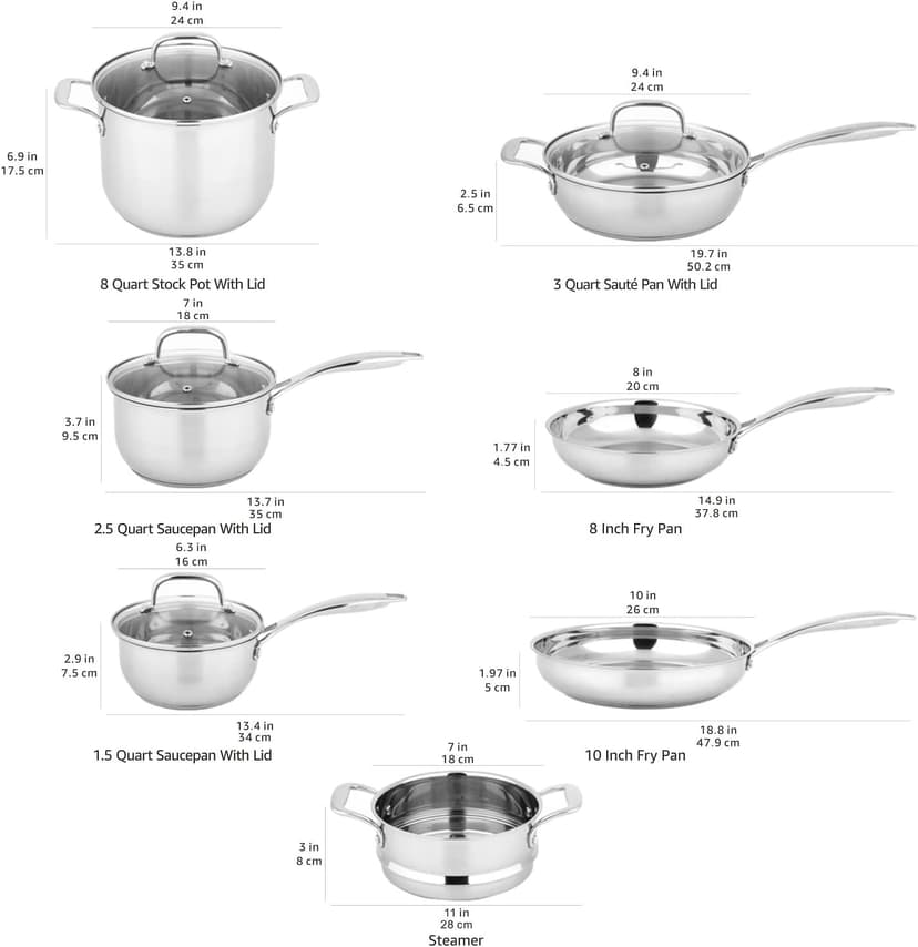 Amazon Basics Stainless Steel Cookware 11-Piece Set, Oven Safe, Pots and Pans, Induction-Ready, Even Heating, Easy to Clean, Heavy Duty, Silver