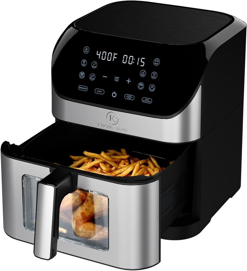 Kitchen Elite®Air Fryer with 360° turbo airflow technology, 8 Preset Functions, 8 Qt Family Size with Probe Thermometer ,Nonstick Square Air Fryer Basket with Window, Auto Shut Off Feature, Black