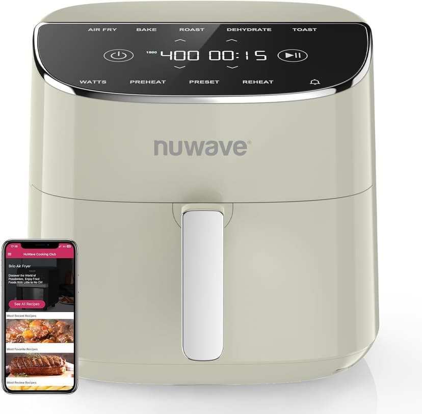 Nuwave Brio Plus Air Fryer 8 Qt, New & Improved, PFAS-FREE, 7 Digital One-Touch Cook Functions that AIR FRY, BAKE, ROAST, DEHYDRATE, TOAST, REHEAT, PREHEAT, 150 Presets, 50°F-400°F, 700/1500/1800W