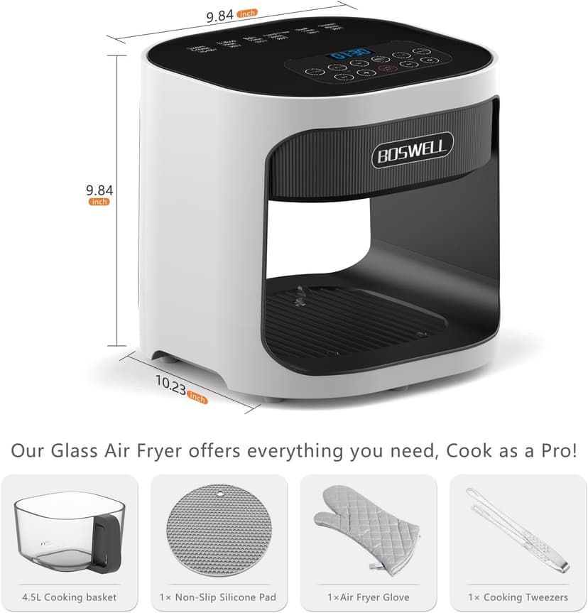 BOSWELL 4.5QT Glass Air Fryer, 6-in-1 Air Fryer with Transparent Fry Bowl, Circulating Air Heating, Bake, Broil, Air Fry, Temperature Control, Dishwasher Safe (White)