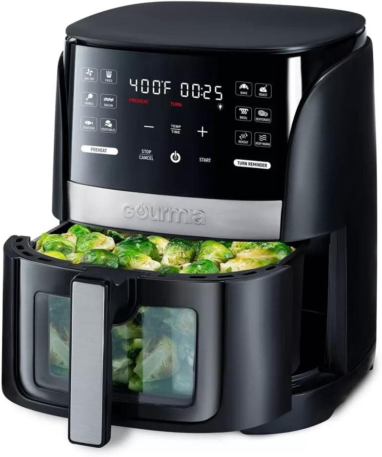 Gourmias 6-Qt Digital Window Air Fryer, 12 Presets, Guided Cooking, Touch Control, Stainless Steel, Nonstick Basket, Oil-Free Frying, 1500W, Auto Shutoff, Dehydrator Function, Family Size,