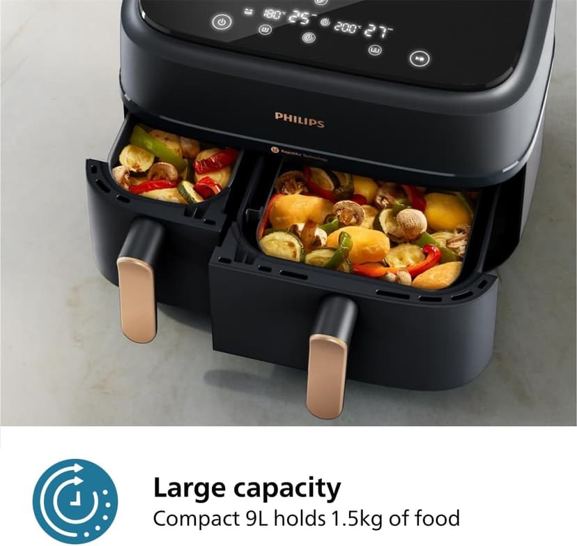 Philips Dual Basket Air Fryer 3000 Series, 8-in-1 functions, 9.5 Quarts, 2 Drawers, Auto-sync Cooking Time, 90% Less Fat, Rapid Air Technology, HomeID Recipe App, Dishwasher Safe, Black, (NA350/00)