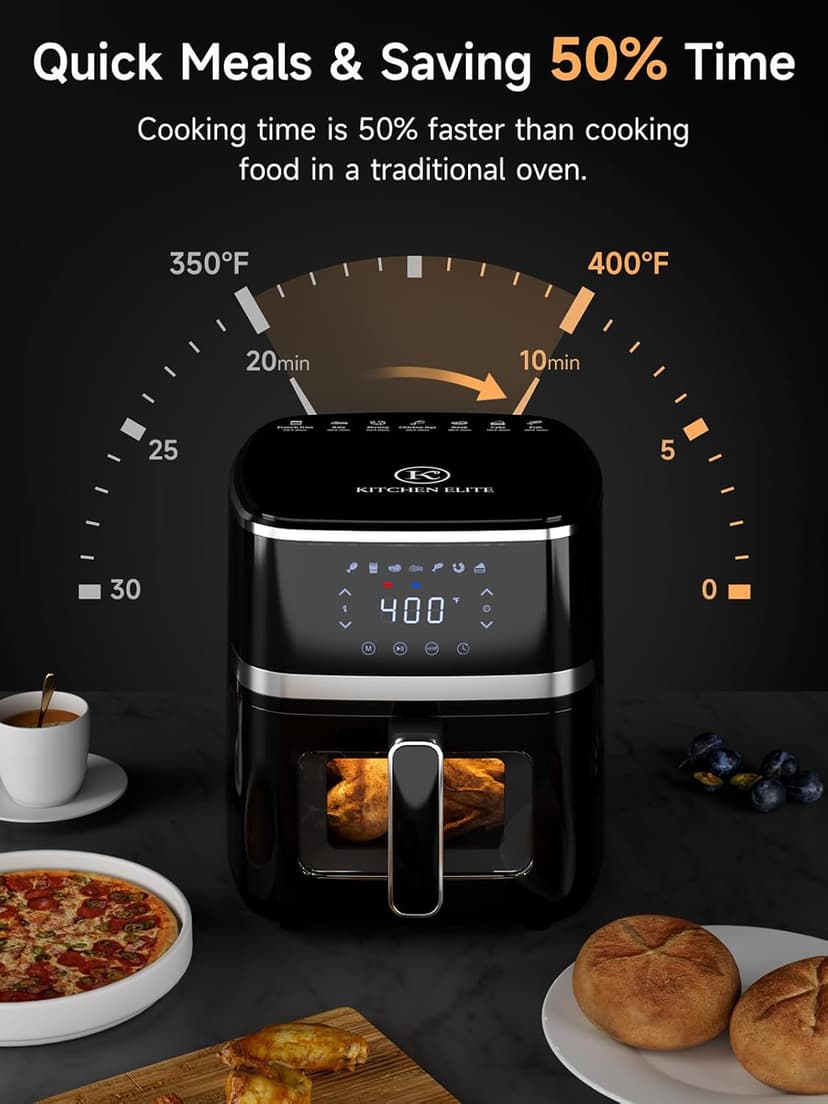 Kitchen Elite® Air Fryer Oven 5.28 Qt, 7-in-1 Digital Display Compact Cooker with Easy View Window, Space-saving, Nonstick and Dishwasher Safe Basket, Black