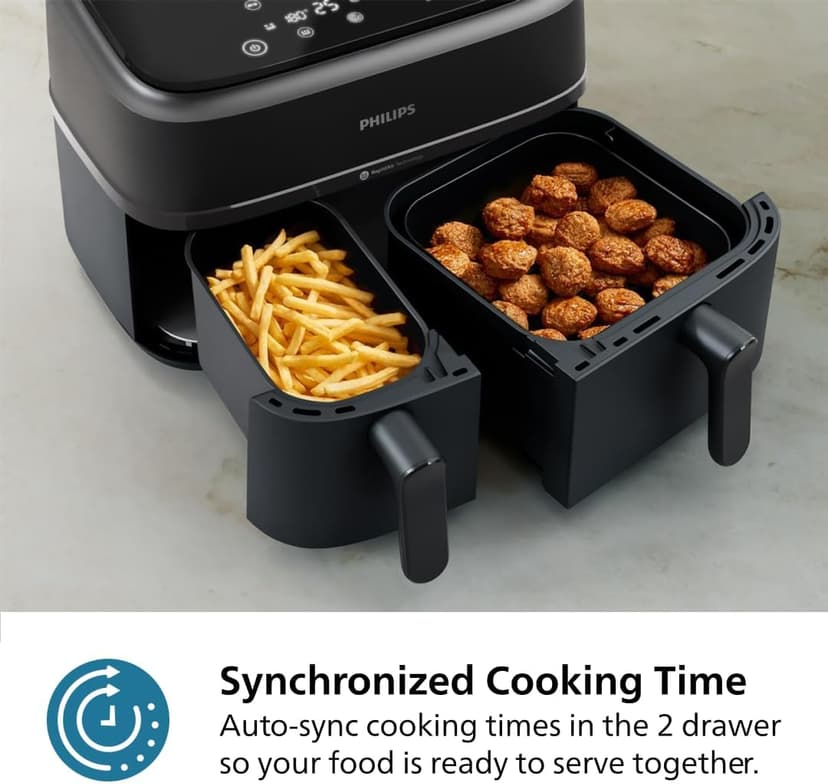 Philips Dual Basket Air Fryer 3000 Series, 8-in-1 functions, 9.5 Quarts, 2 Drawers, Auto-sync Cooking Time, 90% Less Fat, Rapid Air Technology, HomeID Recipe App, Dishwasher Safe, Black, (NA350/00)