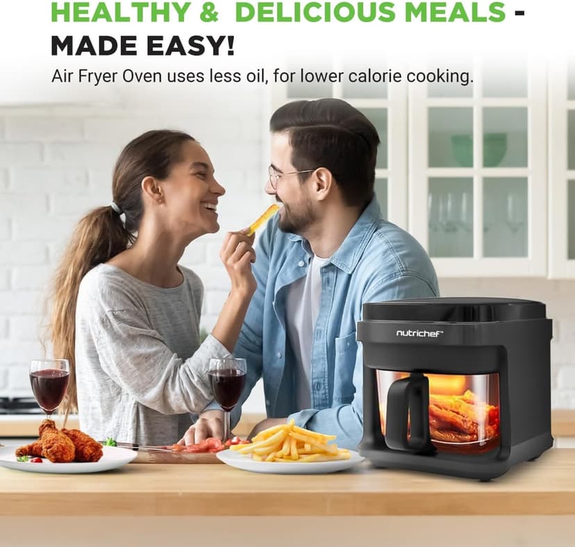 Nutrichef 5.8 Quart Air Fryer 8-1 Preset Cook Modes Transparent Fry Bowl for Best Cooking Results Cook Shrimp, Steak, Fries, Wings, Chicken & More Precise Temperature Control & Time Black