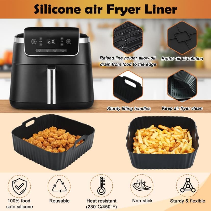 BYKITCHEN Air Fryer Silicone Liners for Ninja Air Fryer Pro 5 QT AF141, Ninja AG301, Cosori 5QT/6QT & Other 4.5-6.5 QT Airfryer, 8.5in Square Air Fry Liners, Airfryer Accessories(Set of 2)