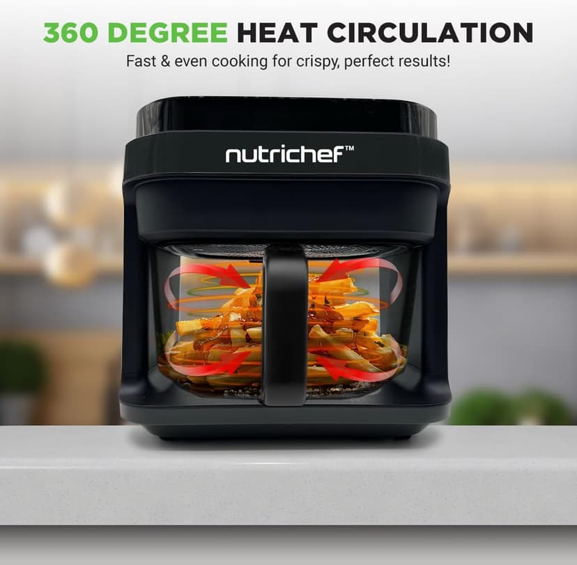 Nutrichef 5.8 Quart Air Fryer 8-1 Preset Cook Modes Transparent Fry Bowl for Best Cooking Results Cook Shrimp, Steak, Fries, Wings, Chicken & More Precise Temperature Control & Time Black