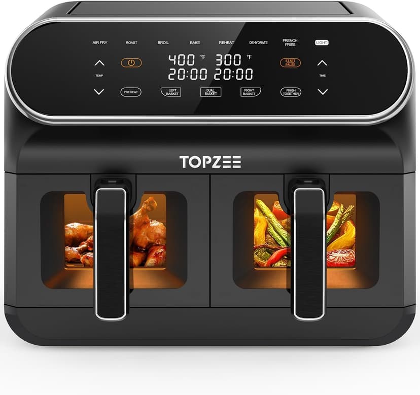 8-QT Large Air Fryer - Dual Basket Airfryer with Easy View Windows, Preheat, Air Fry, Roast, Broil, Bake, Dehydrate, 2 Independent 4 QT Nonstick Dishwasher Safe Baskets, Black
