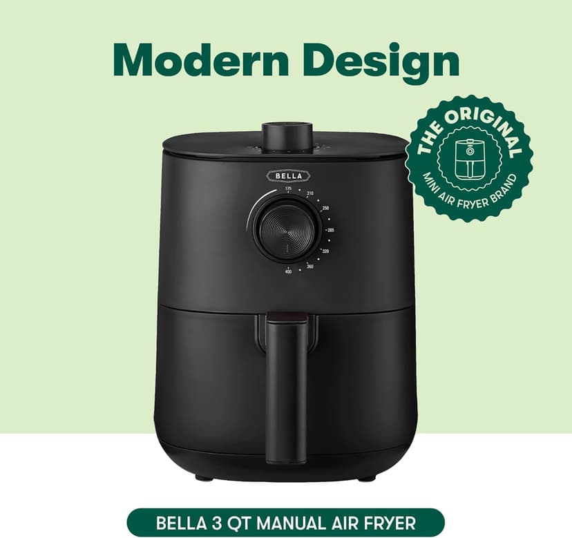BELLA 3 Qt Manual Air Fryer Oven and 5-in-1 Multicooker with Removable Nonstick and Dishwasher Safe Crisping Tray and Basket, 1400 Watt Heating System, Matte Black