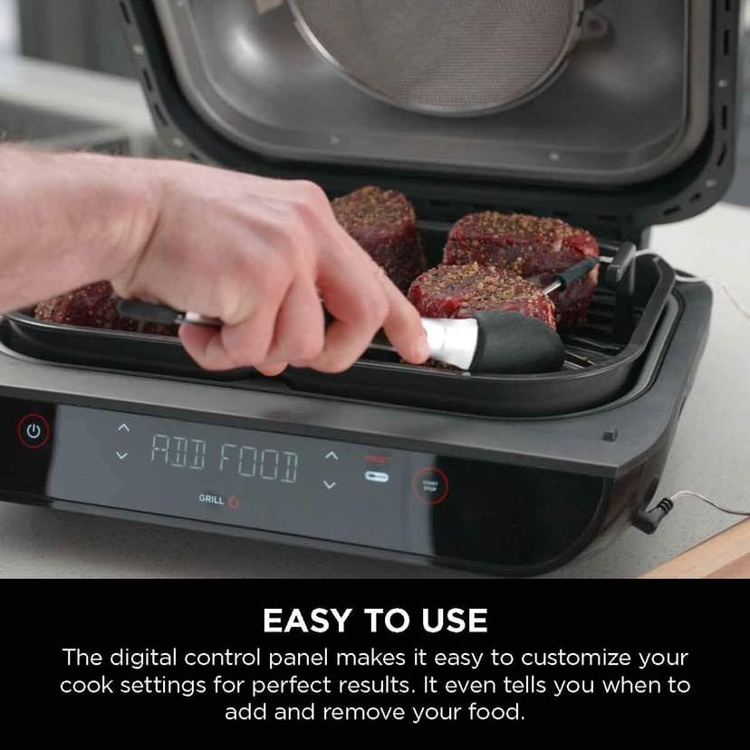 Ninja Indoor Grill, Foodi Smart XL 6-in-1 Indoor Grill with Air Fry, Roast, Bake, Broil & Dehydrate, Smart Thermometer, Black/Silver, FG551