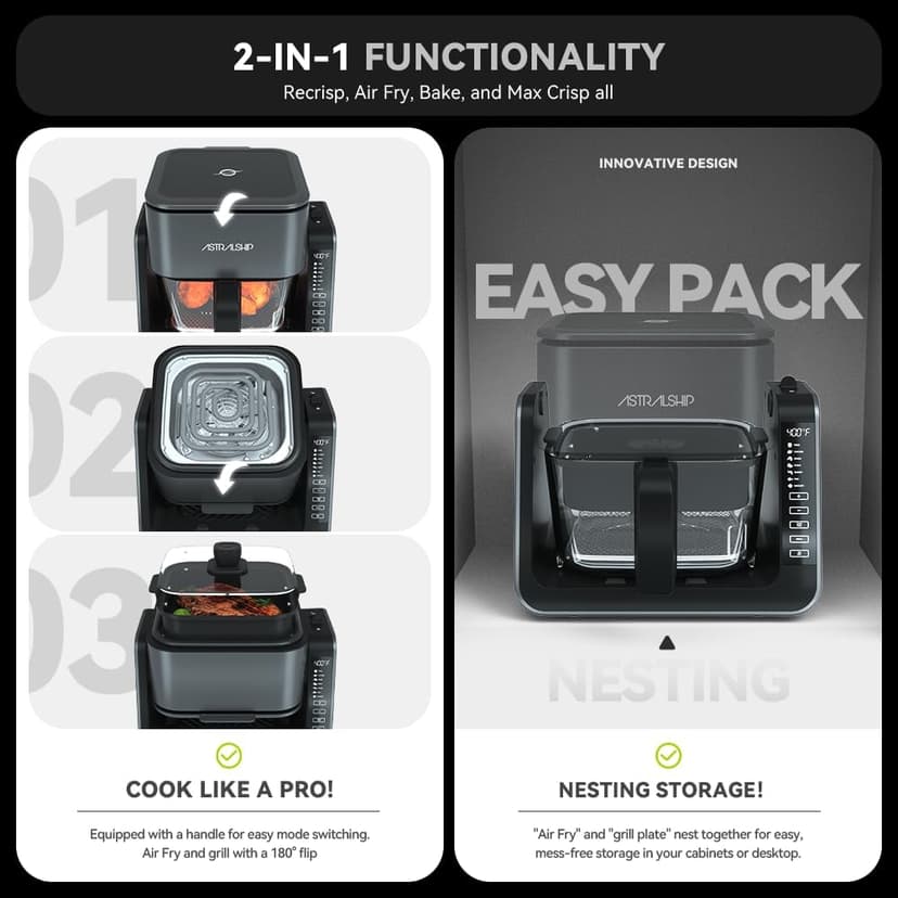 4.2 QT+1.3 QT Small Air Fryer non toxic, 2-in-1 Glass Air Fryer & Grill Pan Combo for kitchen, 7 Presets, 105-450℉, Portable Healthy Cooking, Non-Stick, Multi-Function for Frying, Griddle & Baking