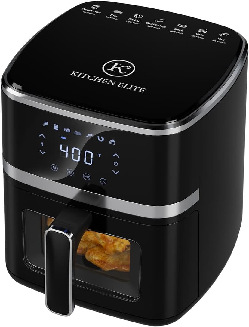Kitchen Elite® Air Fryer Oven 5.28 Qt, 7-in-1 Digital Display Compact Cooker with Easy View Window, Space-saving, Nonstick and Dishwasher Safe Basket, Black