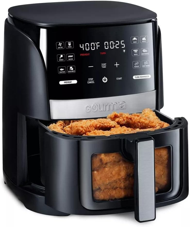 Gourmias 6-Qt Digital Window Air Fryer, 12 Presets, Guided Cooking, Touch Control, Stainless Steel, Nonstick Basket, Oil-Free Frying, 1500W, Auto Shutoff, Dehydrator Function, Family Size,