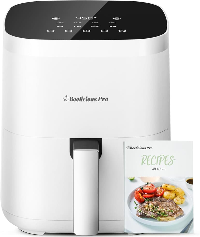 Air Fryer, Beelicious 8-in-1 Smart Compact 4QT Air Fryers,Shake Reminder,450°F Digital Airfryer with Flavor-Lock Tech,Tempered Glass Display,Dishwasher-Safe & Nonstick,Fit for 1-3 People,Bright White