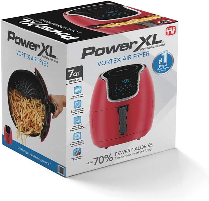 PowerXL Air Fryer Vortex - Multi Cooker with Roast, Bake, Food Dehydrator, Reheat Non Stick Coated Basket, Cookbook (7 QT, Red)