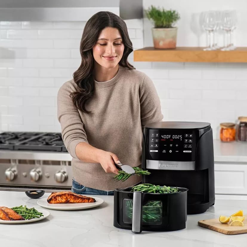 Gourmias 6-Qt Digital Window Air Fryer, 12 Presets, Guided Cooking, Touch Control, Stainless Steel, Nonstick Basket, Oil-Free Frying, 1500W, Auto Shutoff, Dehydrator Function, Family Size,