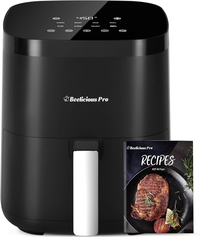 Air Fryer, Beelicious 8-in-1 Smart Compact 4QT Air Fryers, Shake Reminder, 450°F Digital Airfryer with Flavor-Lock Tech, Tempered Glass Display, Dishwasher-Safe & Nonstick, Fit for 1-3 People,Black