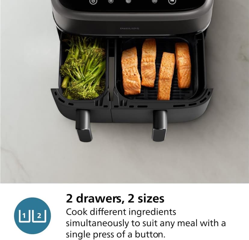 Philips Dual Basket Air Fryer 3000 Series, 8-in-1 functions, 9.5 Quarts, 2 Drawers, Auto-sync Cooking Time, 90% Less Fat, Rapid Air Technology, HomeID Recipe App, Dishwasher Safe, Black, (NA350/00)