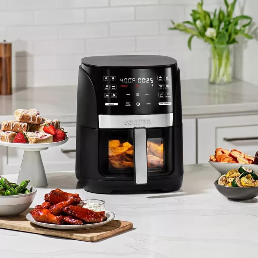 Gourmias 6-Qt Digital Window Air Fryer, 12 Presets, Guided Cooking, Touch Control, Stainless Steel, Nonstick Basket, Oil-Free Frying, 1500W, Auto Shutoff, Dehydrator Function, Family Size,
