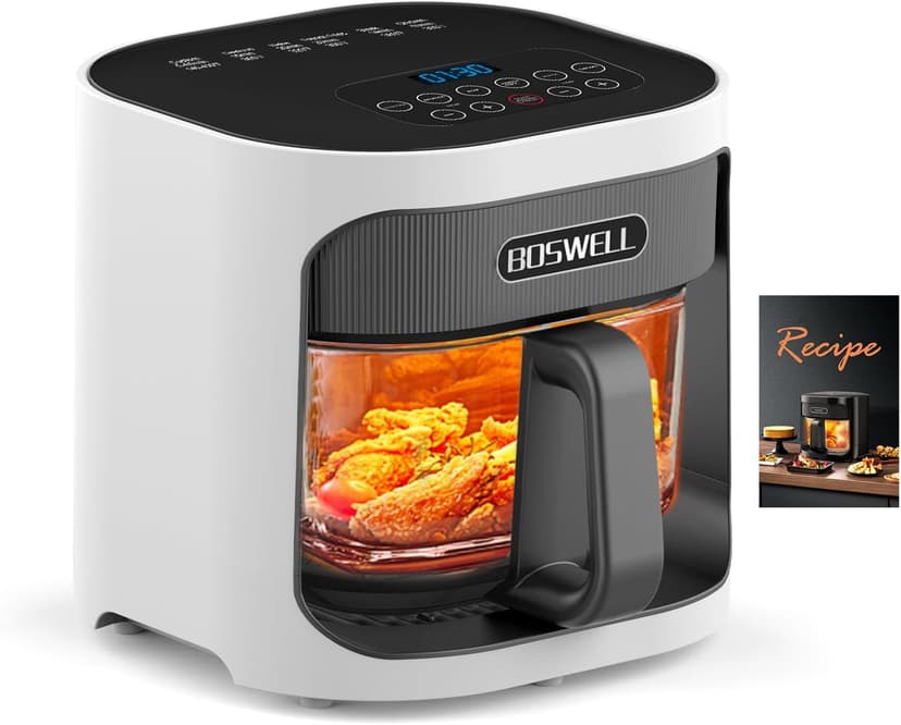 BOSWELL 4.5QT Glass Air Fryer, 6-in-1 Air Fryer with Transparent Fry Bowl, Circulating Air Heating, Bake, Broil, Air Fry, Temperature Control, Dishwasher Safe (White)