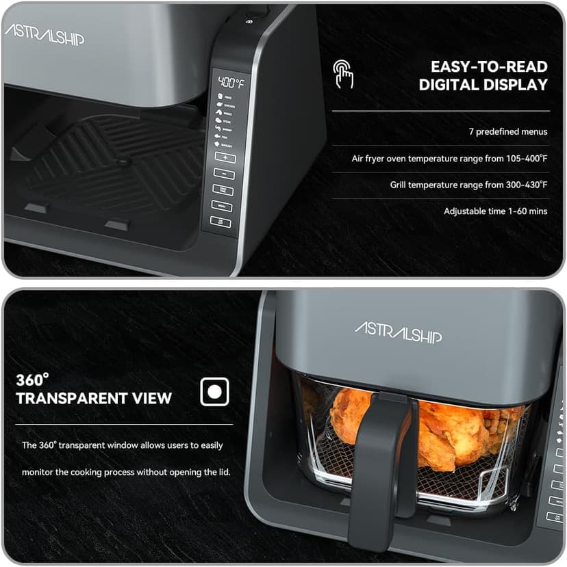 4.2 QT+1.3 QT Small Air Fryer non toxic, 2-in-1 Glass Air Fryer & Grill Pan Combo for kitchen, 7 Presets, 105-450℉, Portable Healthy Cooking, Non-Stick, Multi-Function for Frying, Griddle & Baking