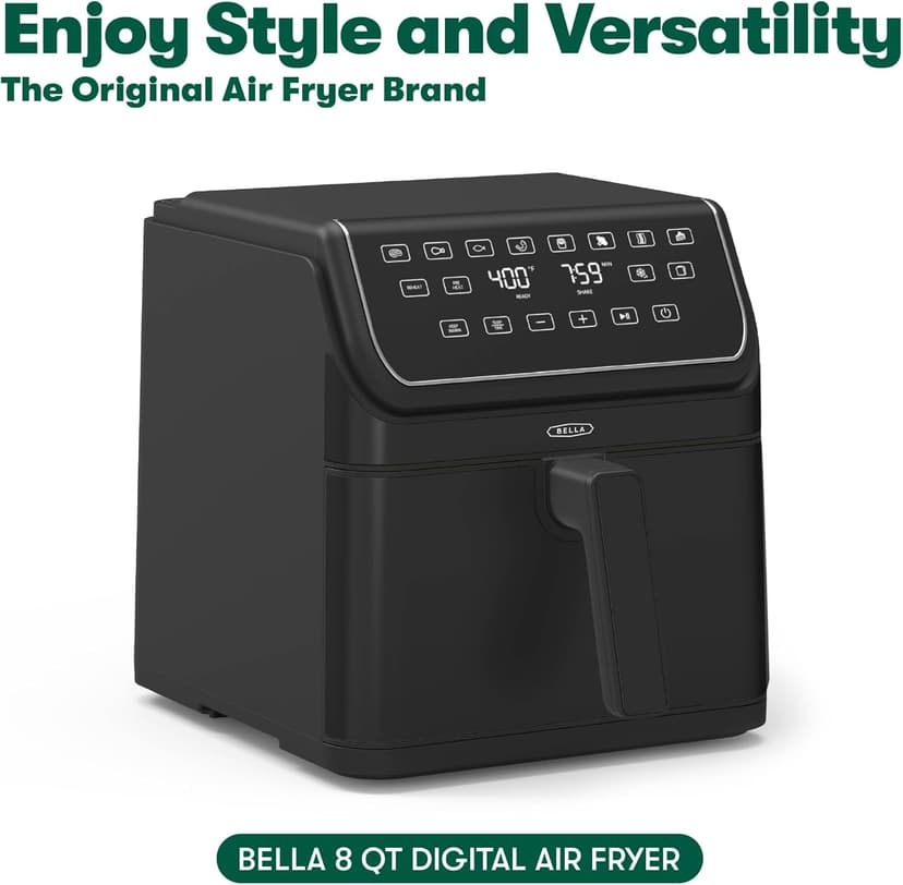 bella 8 Qt Digital Air Fryer with TurboCrisp Technology, Large Family Size Nonstick Cooking Basket and Crisping Tray, Multiple Preset Functions, Auto Shutoff, Black, 1750 Watt