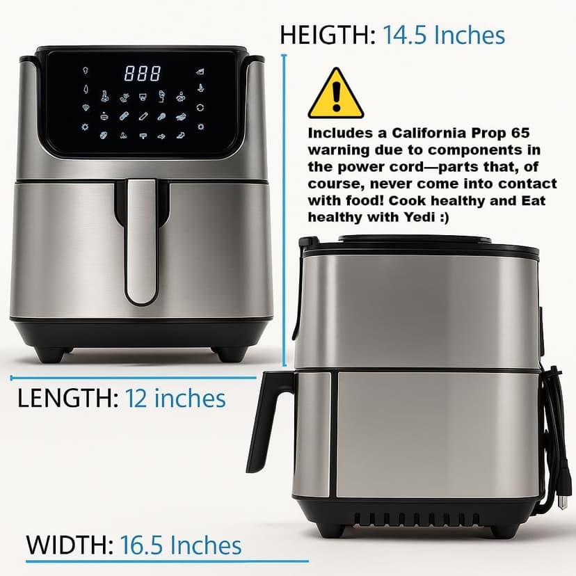 Yedi Evolution Air Fryer, 6.8 Quart, Stainless Steel, Ceramic Cooking Basket, with Deluxe Accessory Kit and Recipe Book