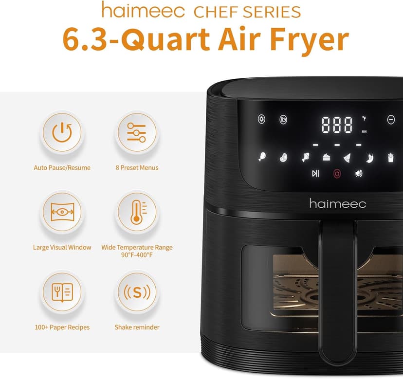 Air Fryer 8-in-1 with 6.3 Qt Capacity and Easy View Windows, Max 400F, 95% Less Oil, 100+ Recipes, Shake Reminder, Nonstick Basket for Roast, Bake, Dehydrate, Reheat, Broil-CT03
