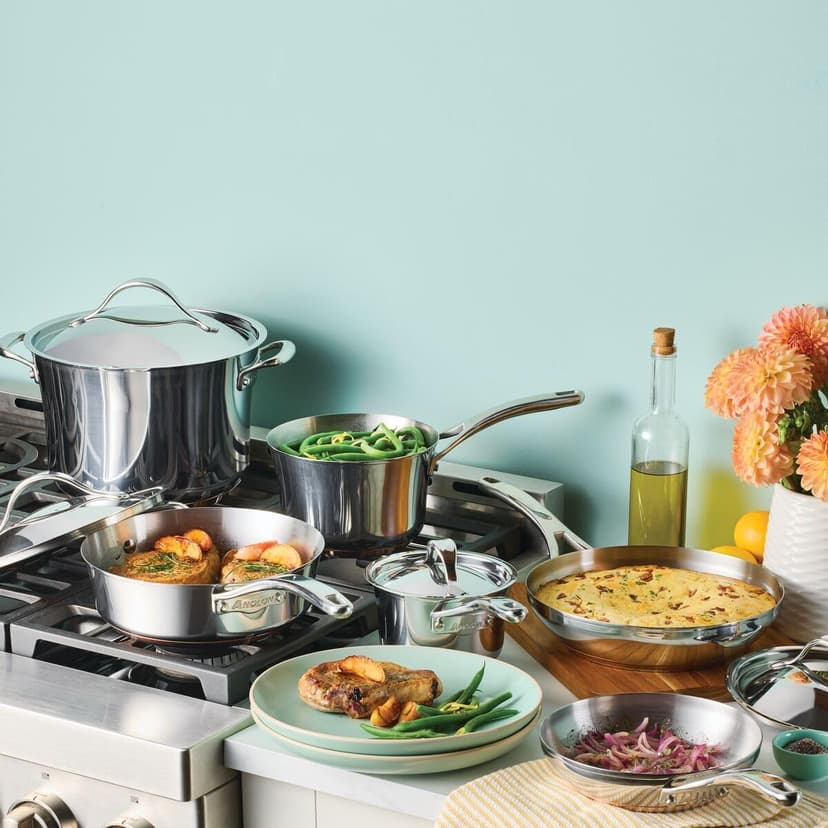 Anolon Nouvelle Stainless Steel Cookware Pots and Pans Set, 10 Piece