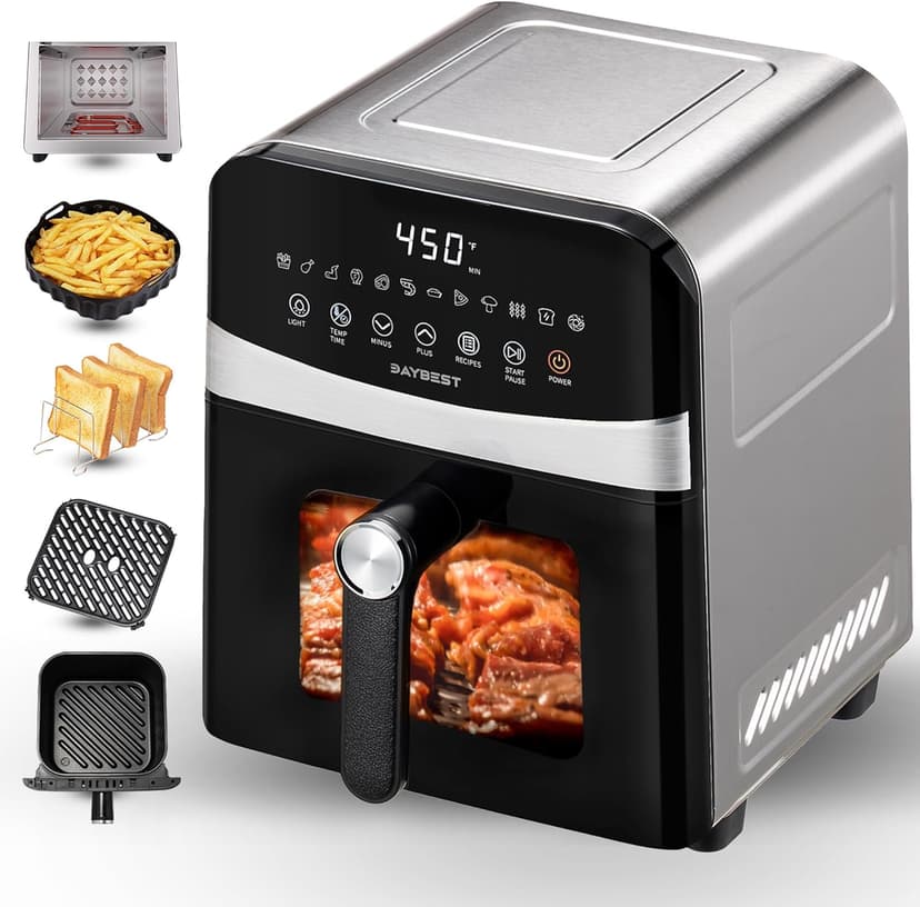 Air Fryer Stainless Steel with Window, DAYBEST 6QT Ceramic Airfryer Non Toxic with Up & Down Heats 1700W Max 450°F, 12 Presets/DIY, Dishwasher Safe Non Stick Basket and Pan (Stainless Steel)