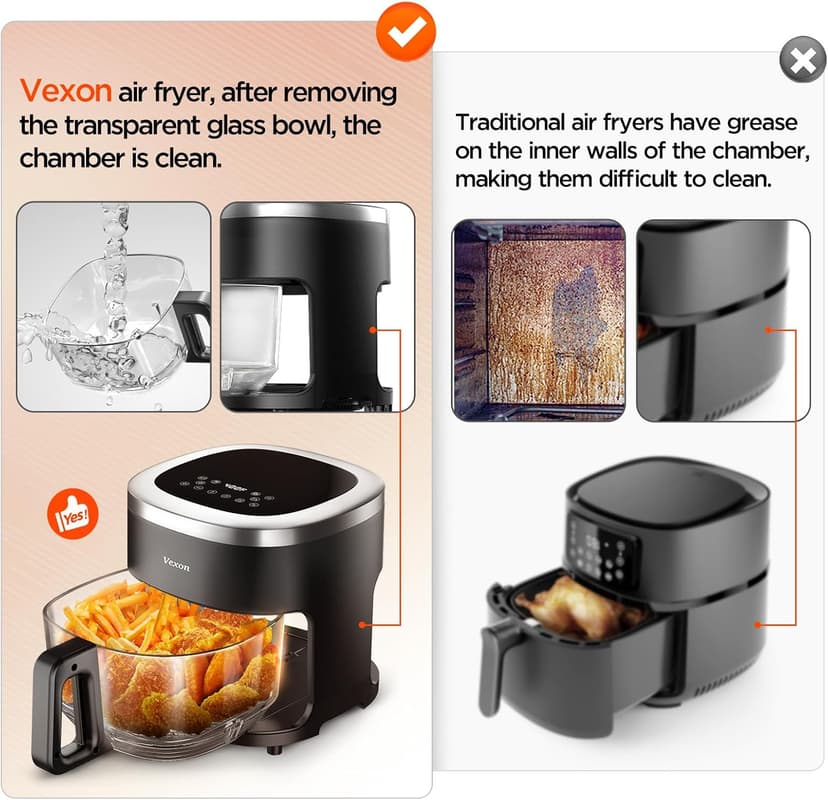 Vexon 6-IN-1 Glass Air Fryer,4.5QT Air Fryer with Viewing Glass Pot, Air Fry, Roast, Reheat, Dehydrate, Air Crisp Technology,Nonstick & Dishwasher Safe Basket,97% Less Oil,Features Digital Timer