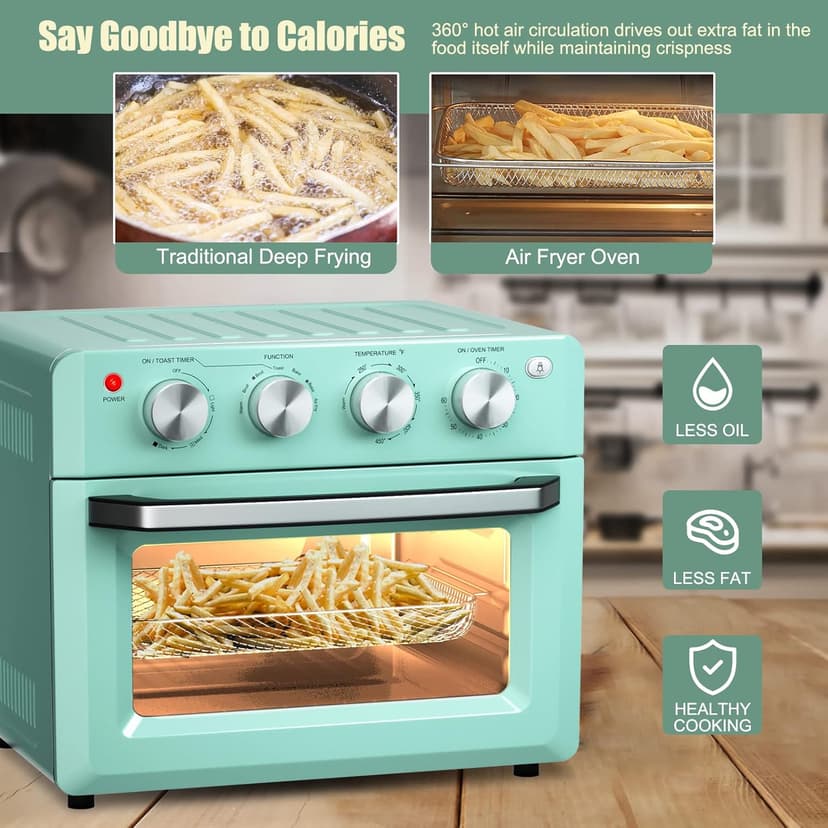 SIMOE 19QT Oven & Toaster, Retro Air Fryer + Convection Toaster Oven, 7 in 1 Combo with Bake, Toast, Broil & Warm Options, 5 Accessories & Recipe Book, Stainless Steel, 1550W, (Turquoise)
