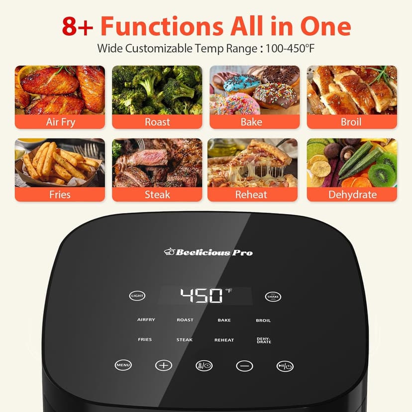Air Fryer, Beelicious 8-in-1 Smart Compact 4QT Air Fryers, with Viewing Window,Shake Reminder,450°F Digital Airfryer with Flavor-Lock Tech, Dishwasher-Safe & Nonstick,Fit for 1-3 People, Black