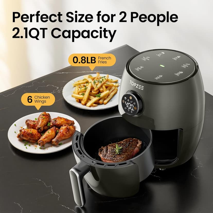 Small Compact Air Fryer, 2.1QT, 4-in-1 Small Mini Airfryer, Bake, Roast, Reheat, 98% Less Oil, Adjustable Temperature Control w/ 60min Timer, Quiet, Nonstick & Dishwasher Safe, BPA-Free, Grey