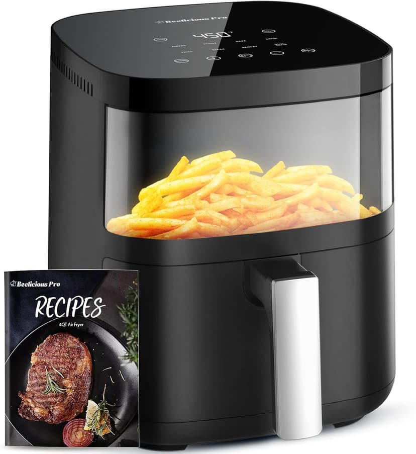 Air Fryer, Beelicious 8-in-1 Smart Compact 4QT Air Fryers, with Viewing Window,Shake Reminder,450°F Digital Airfryer with Flavor-Lock Tech, Dishwasher-Safe & Nonstick,Fit for 1-3 People, Black