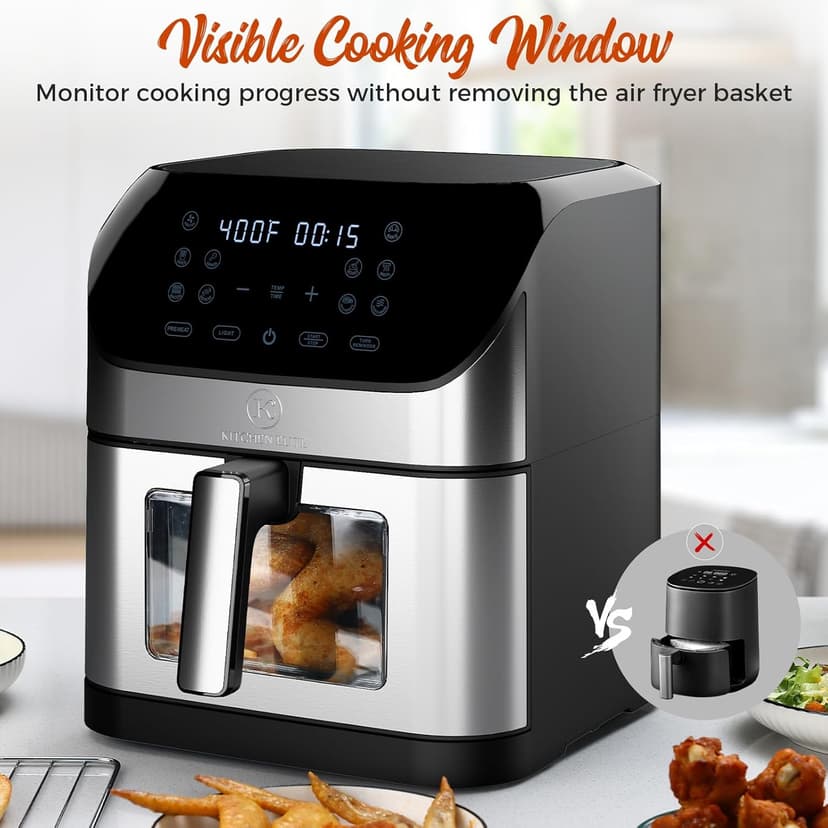 Kitchen Elite®Air Fryer with 360° turbo airflow technology, 8 Preset Functions, 8 Qt Family Size with Probe Thermometer ,Nonstick Square Air Fryer Basket with Window, Auto Shut Off Feature, Black