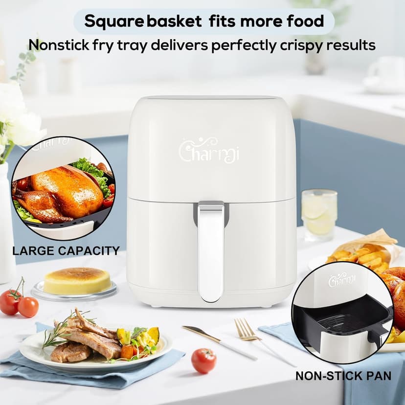 Charmi Large 5QT Air Fryer, Stylish Retro Design, Beautiful Vintage Inspired, Digital Touchscreen, 8-in-1 Cooking Presets, Dishwasher Safe, Nonstick Basket (Lunar White)