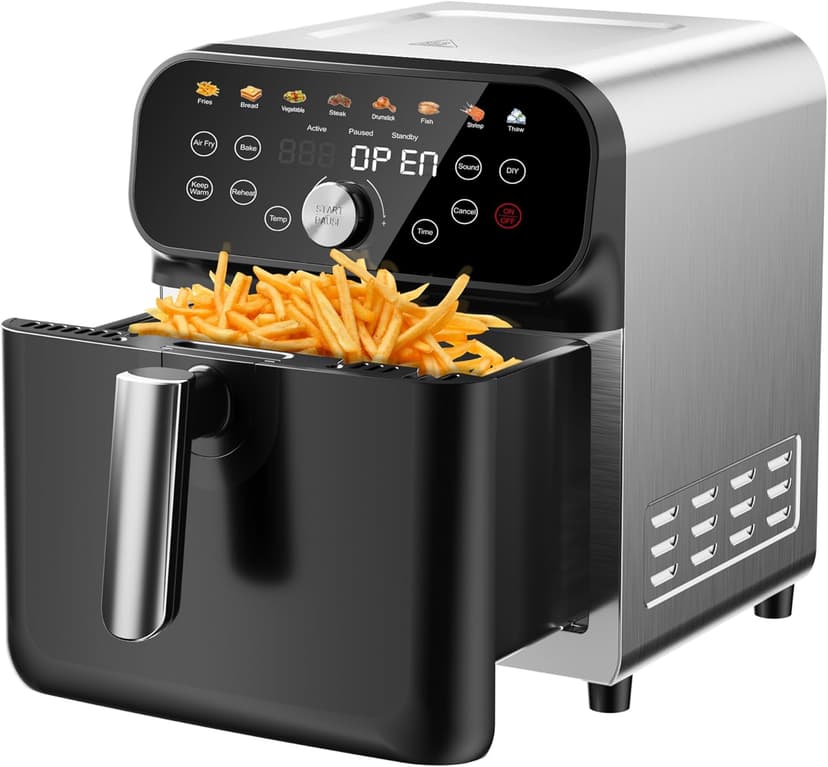 Air Fryer, 6.2QT Air Fryer Oven with LED Digital Touchscreen, 12 Preset Cooking Functions Air fryers, Bake, Reheat, Keep Warm, Nonstick and Dishwasher-Safe Basket, Stainless Steel/Black&Silver