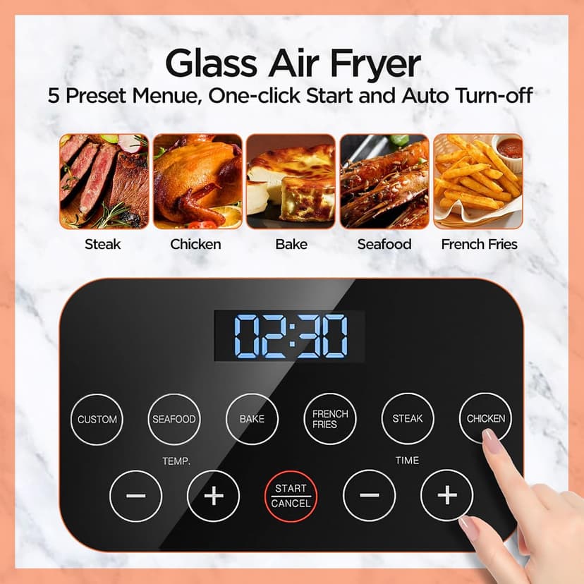 4.5QT Glass Air Fryer,1200W Multiple Air Fryer with Viewing Glass Pot,Nonstick & Dishwasher Safe Basket,Non-Toxic,Features Digital Timer, Automatic Shutoff,Used for French Fries,Fish,Cake (Black)