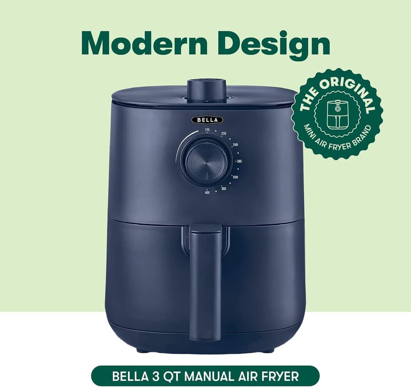 BELLA 3 Qt Manual Air Fryer Oven and 5-in-1 Multicooker with Removable Nonstick and Dishwasher Safe Crisping Tray and Basket, 1400 Watt Heating System, Matte Blue